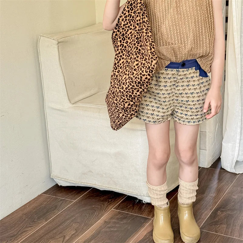 2025 Zomer Nieuwe Baby Meisjes Strik Print Shorts Katoenen Kinderen Losse Shorts Kinderen Veelzijdige Casual Broek Ademende Peuterkleding 4-6Y