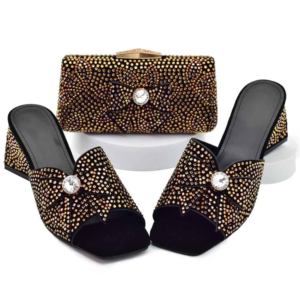 Nigeria Popular Design African Ladies Shoes and Bag Set Decorated with Rhinestone Wedding Shoes Bride Peep Toe Low Black Heels