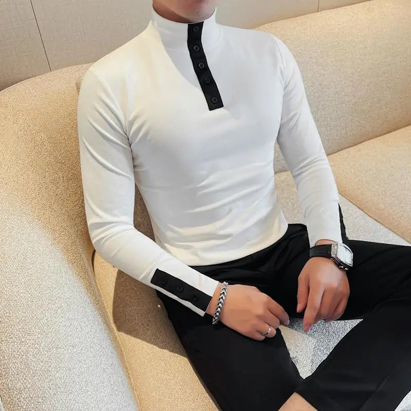 Men's High Quality Long Sleeve T-shirt For Autumn & Winter, Half-High Collar, Solid Colour Top. Collar Button Polo, Suitable As Business Casual