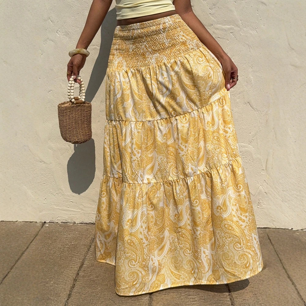 Women's Skirts Summer Elegant Fashion Korean 2025 Full Print Glamorous A-Line Maxi Business Skirts