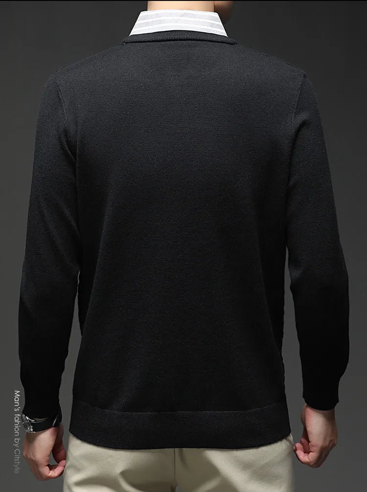 Men's Knitted Sweater With Shirt Collar - Vintage Style Fake Layered Business Casual, Pullover Old Money Style Top
