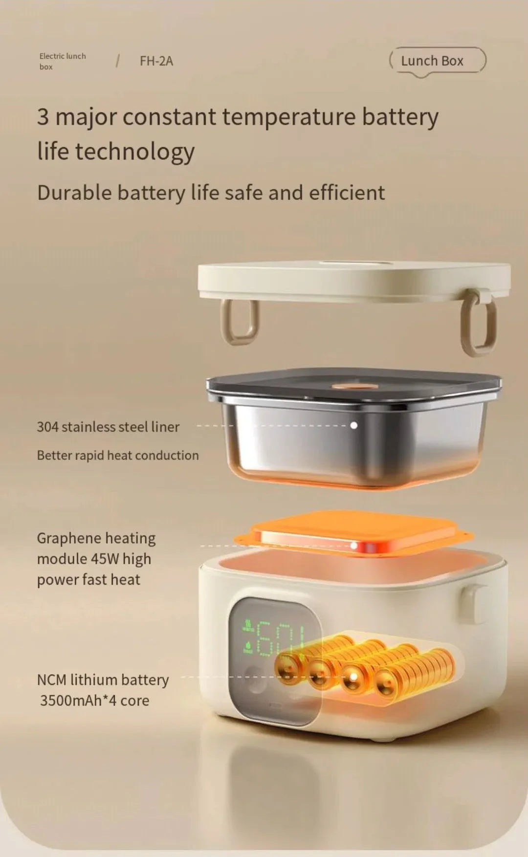 Portable Wireless Water-Free Heating Lunch Box Small Capacity for Baby Camping Trips LCD Display Rechargeable Electric Lunch Box