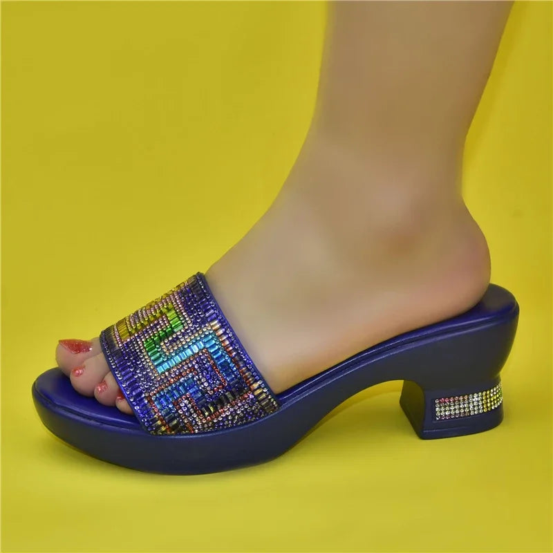 African Luxury Women Wedding Shoes Decorated with Rhinestone Open Toe Shoes Slip-On Italian Ladies Shoes