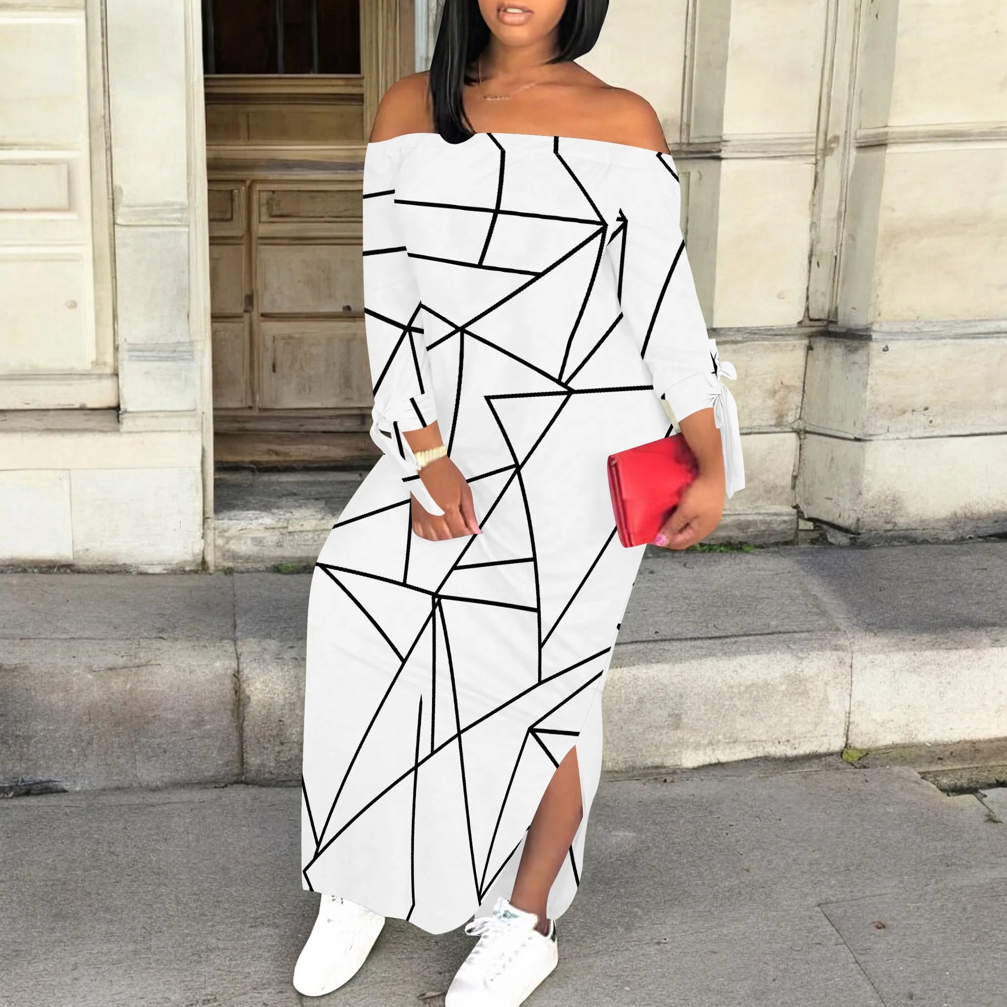 Off Shoulder Long Sleeve Maxi Dress for Women Geometric Line Print Chic Casual Slim Fit Dress