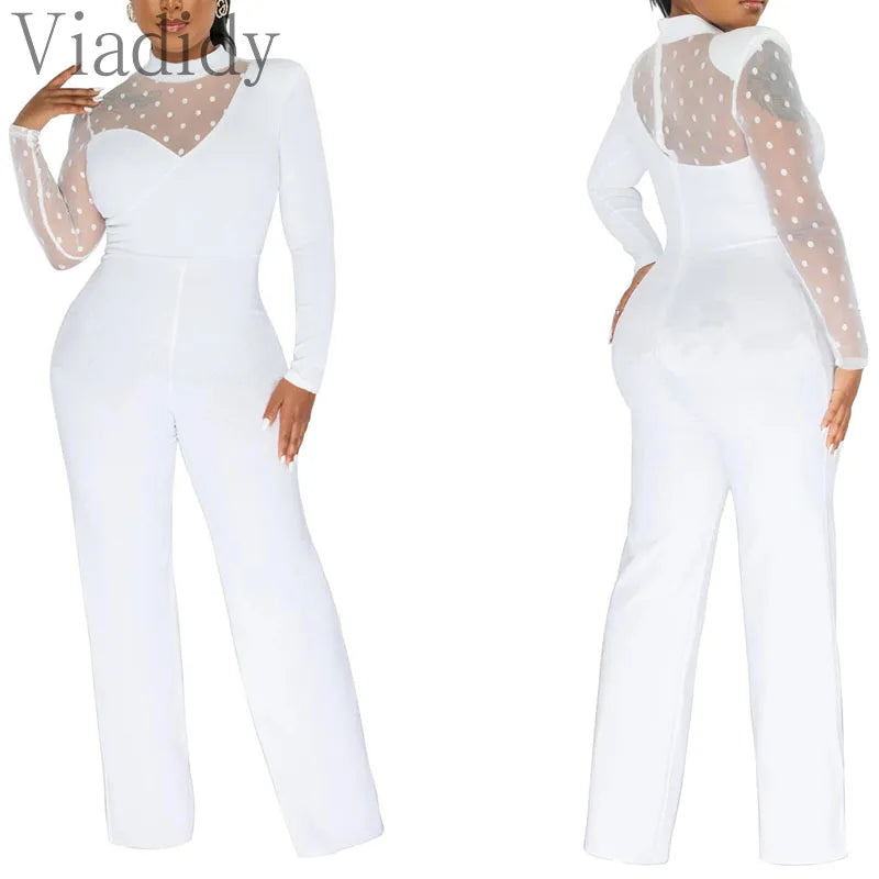 Women Dot Mesh Patchwork Long Sleeve Straight Jumpsuit