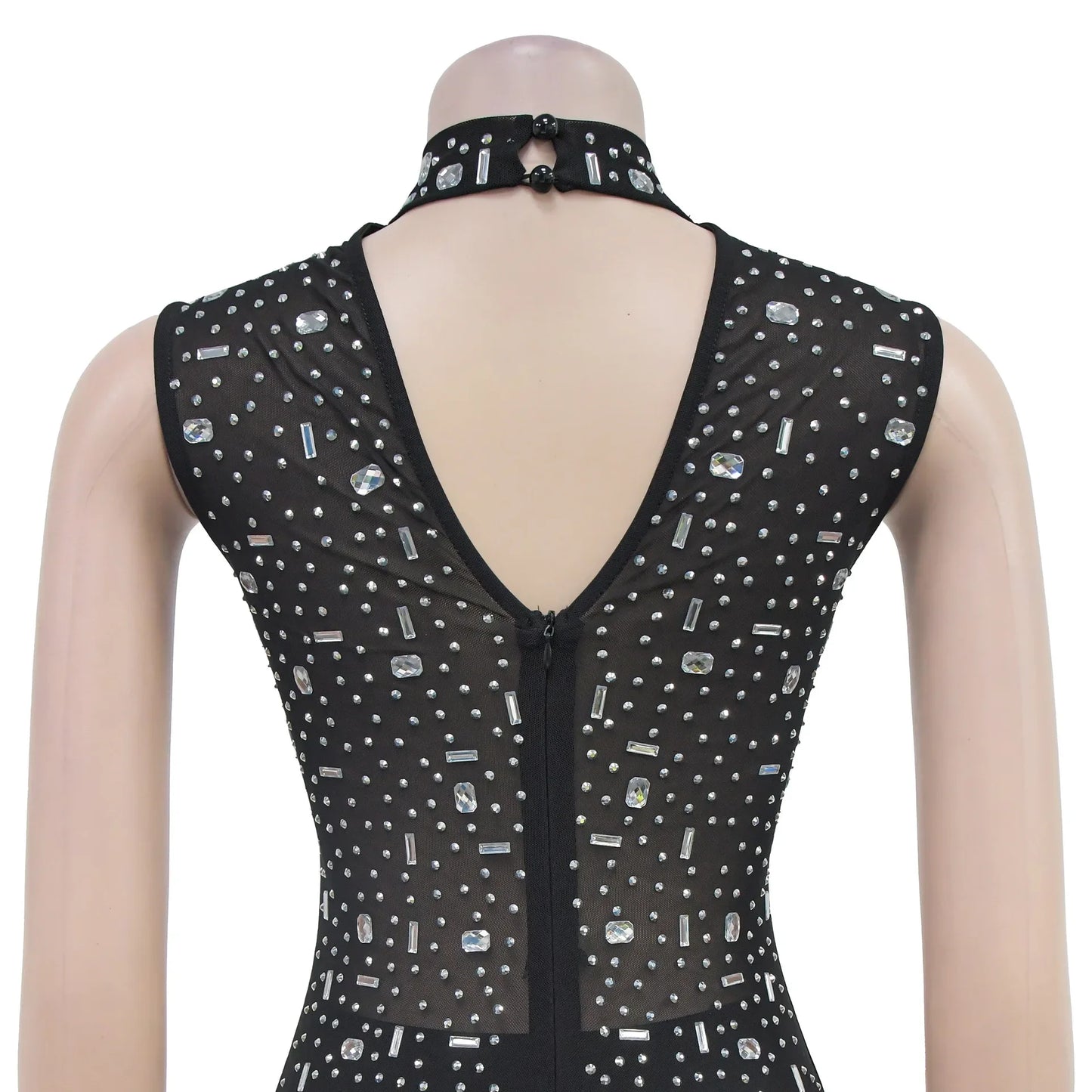 Women's Sexy See Through Sheer Mesh Halter Sleeveless Rhinestone Decor Floor-length Party Dress