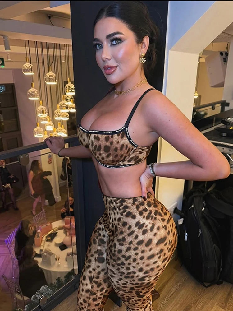 Stretch Women 2 Piece Set Activity Leopard Print Sexy Tracksuit Streetwear Sporty Camisole Vest + Leggings Skinny Outfits