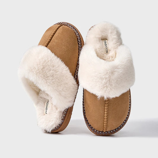 Women's Warm Fuzzy Slippers Winter Fur Collar Indoor Plush Flat Slides Fluffy Ladies' Cotton Shoes Furry House Slippers