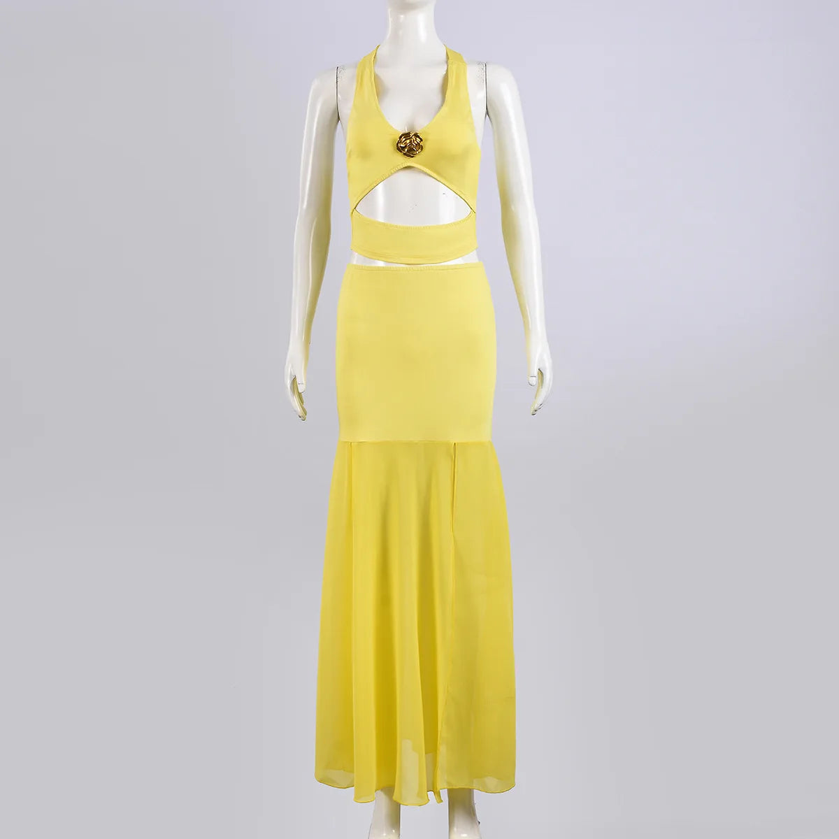 Sexy Fashion 2 Piece Set Women Metal Flower Decoration Halter Hollow Tops + Mesh Patchwork Long Skirts Elegant Outfits