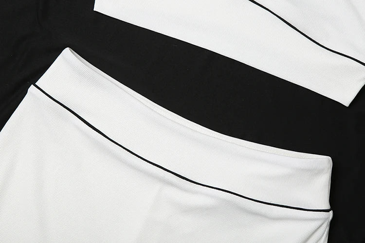 Casual Ribbed 2 Piece Set Women Black String Patchwork Tank Tops + Side Split Shorts Skirts Fashion Simple Classic Suit