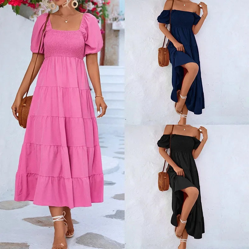 Dresses For Women  Streetwear Plus Size Square Neck Backless Puff Sleeve Pleated Short Sleeve Dress