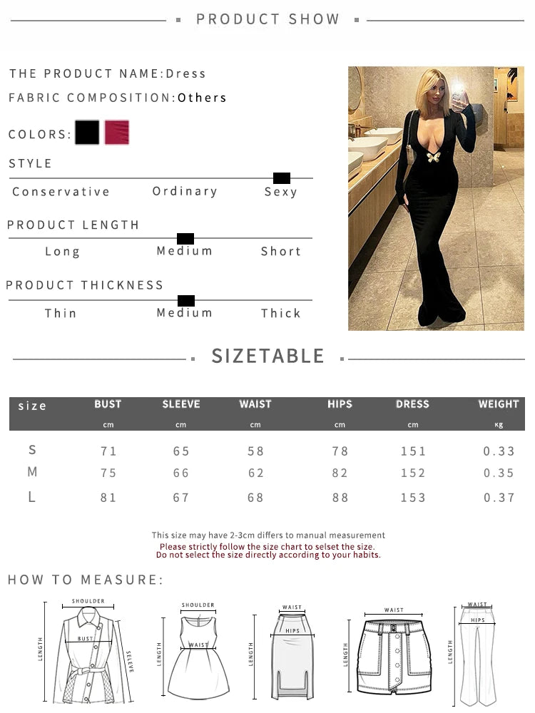 Dames metalen vlinderdecoratiejurk Sexy diepe V-hals lange mouw jurk Midnight Prom Party Elegante skinny jurken