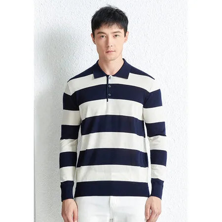 Men's Autumn & Winter 48-Count Worsted Basolan Wool Striped American T-Shirt with Polo Collar – Machine Washable & Loose-Knit