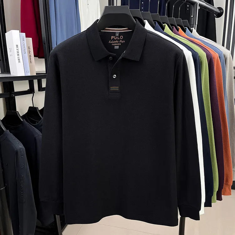Men's Autumn 100% Breathable Cotton, Long-Sleeve Polo Shirt - Classic Cotton Collared T-Shirt With Business Casual Design