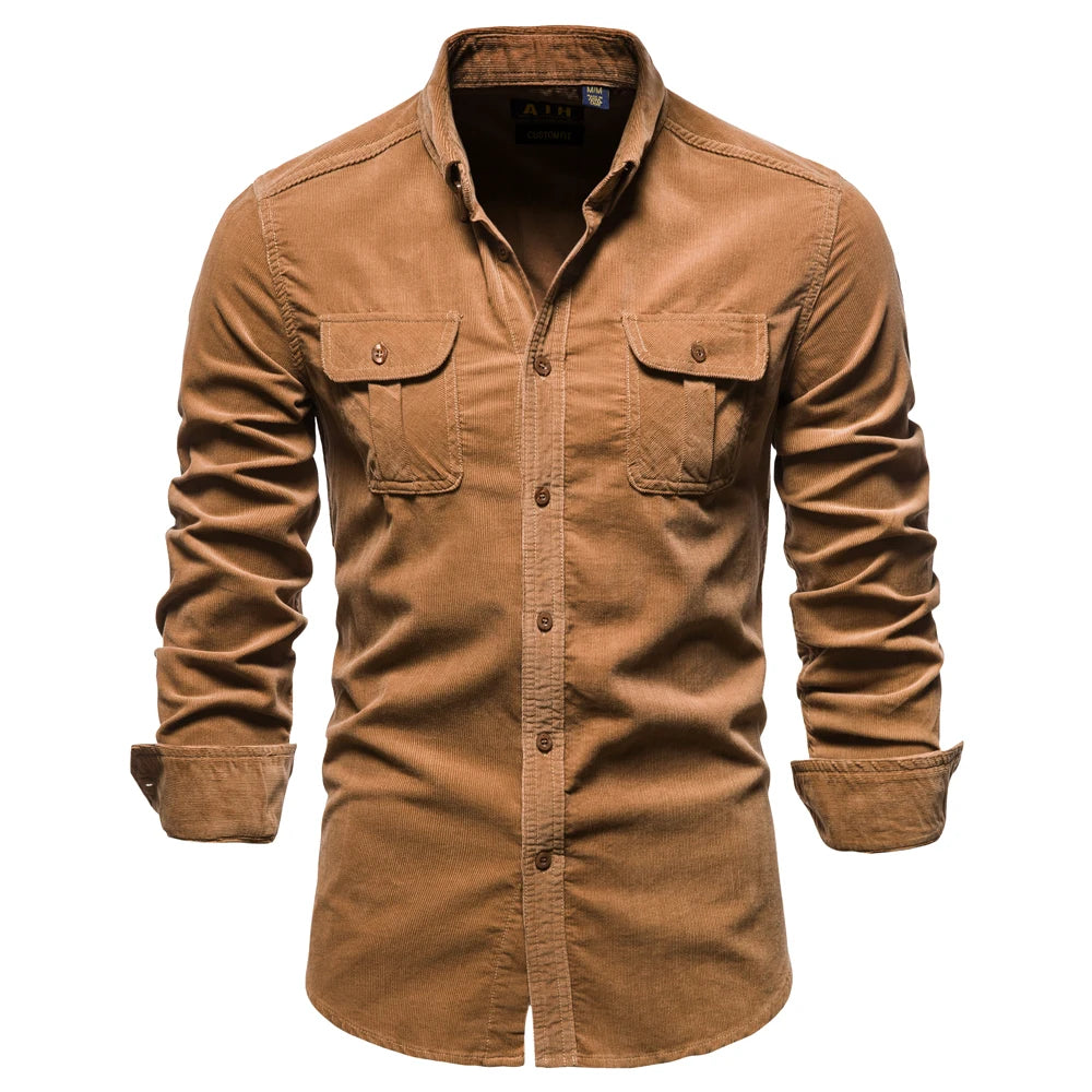 Corduroy 100% Cotton Shirts Men Business Casual Lapel Solid Colour Slim Fit Men's Shirt New Autumn Fashion Shirt for Men