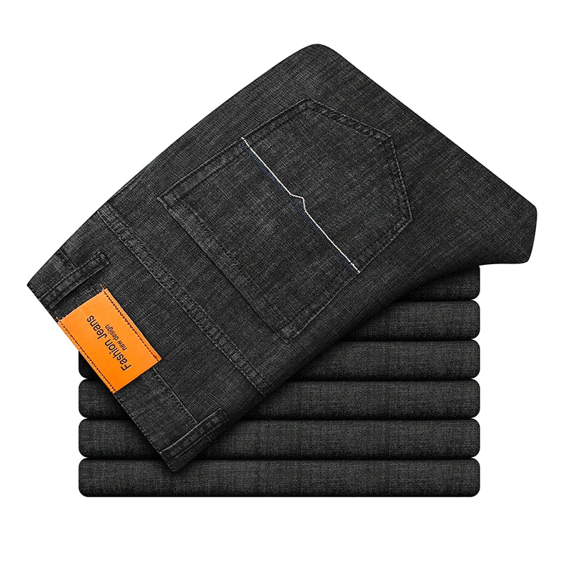 2025 Dunne of dikke stoffen kantoor- en zakenjeans voor heren, klassiek blauw, zwart, katoenen stretch, rechte denimbroek, herenmerkbroeken