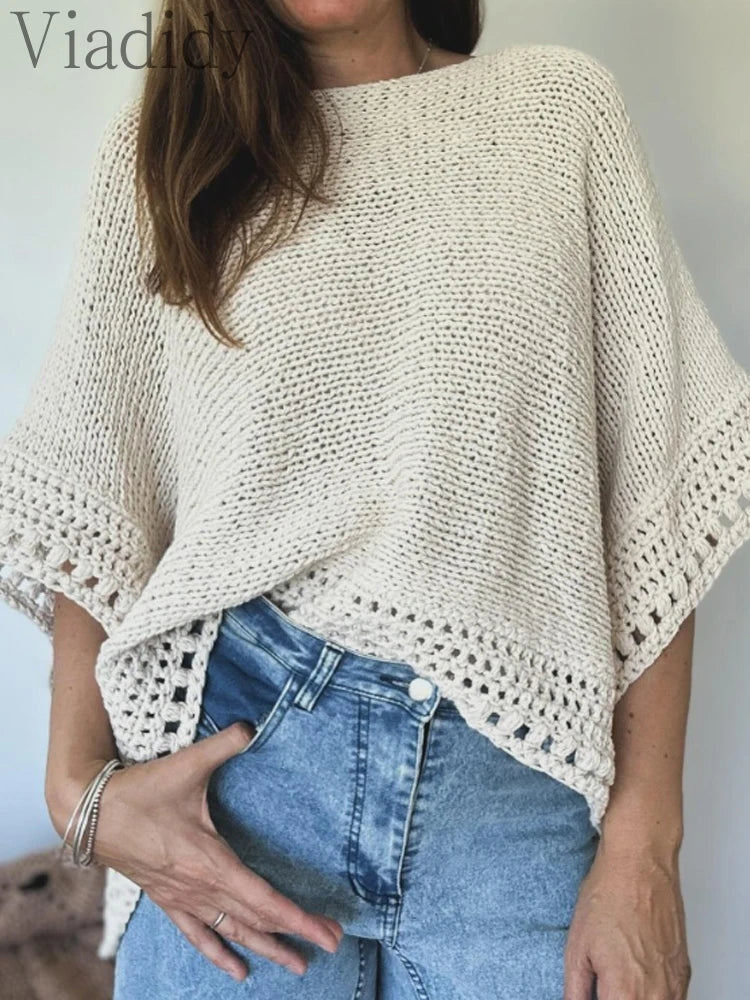 Solid Batwing Sleeve Hollow-out Top Pullovers Casual Cover Up