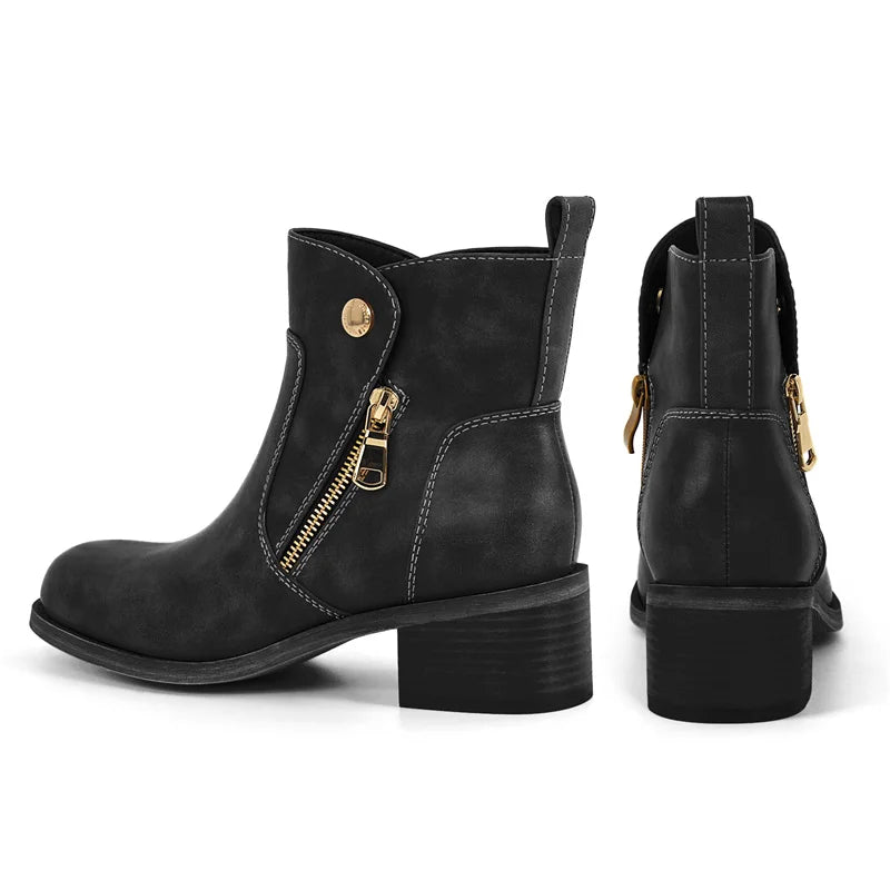 Women Round Toe Side Zipper Ankle Boots Gothic Heeled Conciser Winter Combat Boots