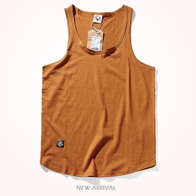 2023 Summer New American Retro Sleeveless O-neck Solid T-shirt Men's Fashion 100% Cotton Washed Old Casual Sports Vest Tops