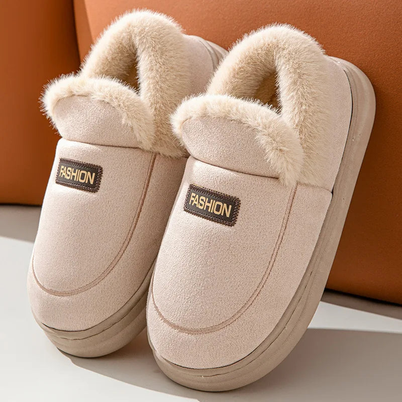 Unisex Plush Lining Shoes With Platform Soft Sole Indoor and Outdoor Slides Non-Slip Fluffy Cosy Warm Slippers For Men & Women