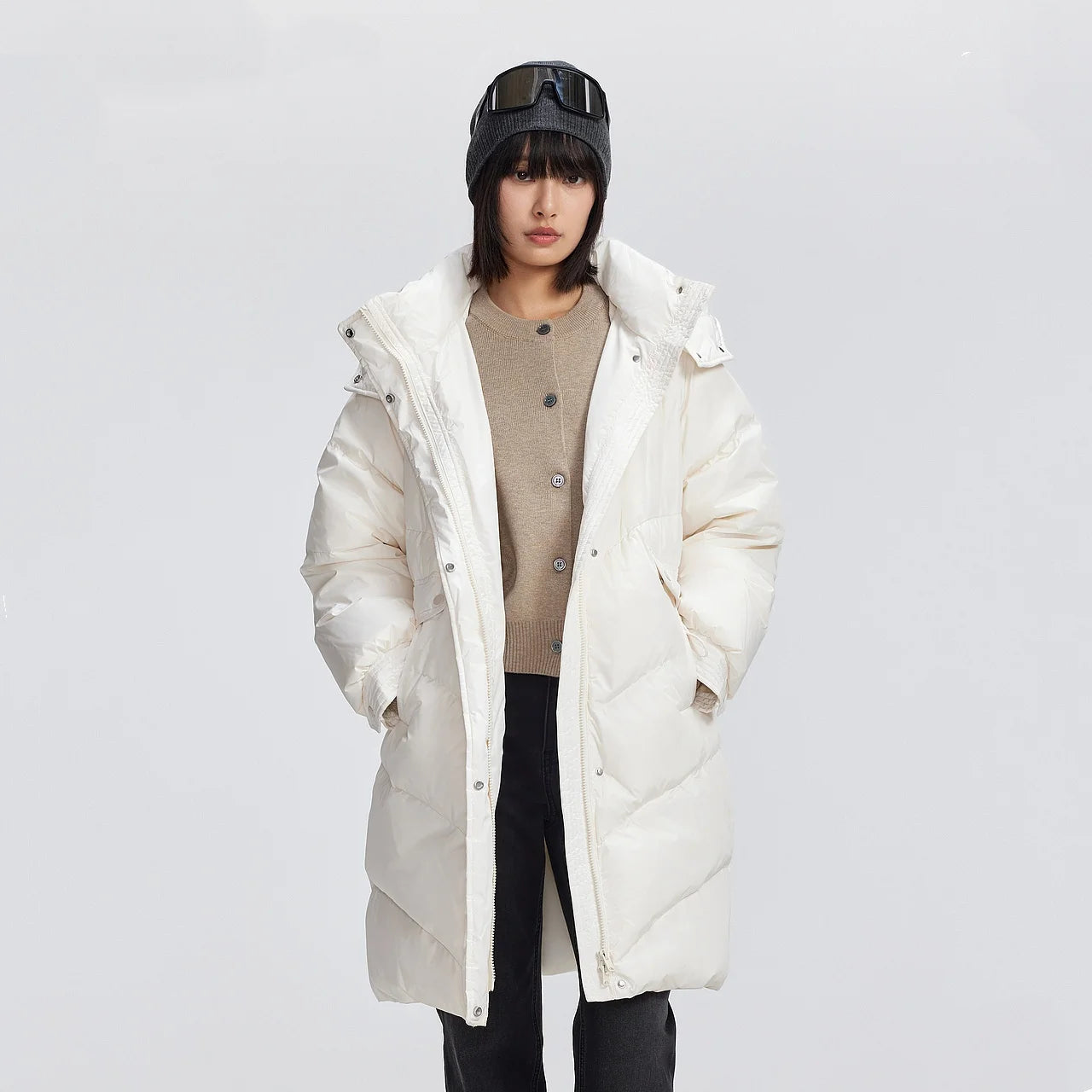 Women's Winter Down Jacket Duck Down Detachable Hood Puffer Coats, Simple Korean Style Mid-Length  Jacket for Ladies