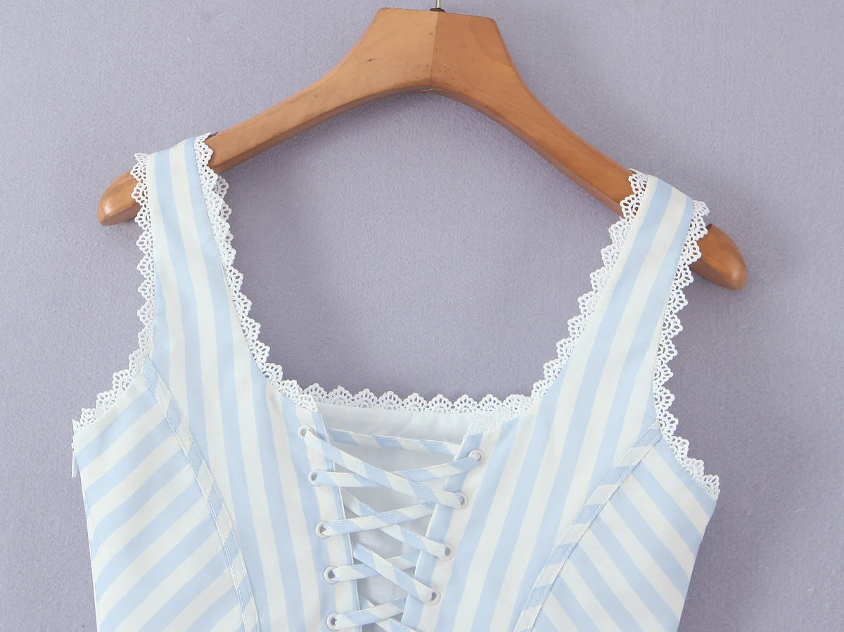 2025 Kanten gesplitste gestreepte korset camis dames kruis vetersluiting bandage rug vierkante hals zomer tanktop slim fit crop top