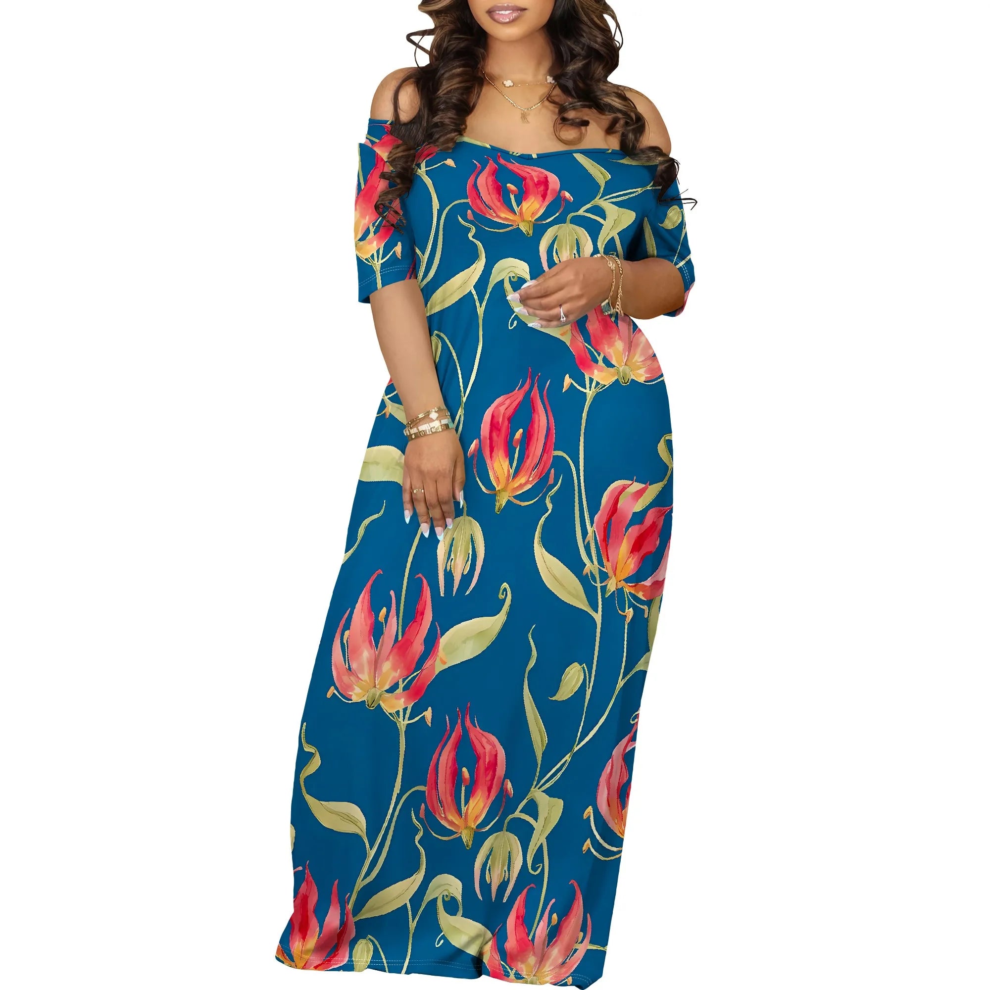 Floral Off Shoulder Maxi Dress Blue Background Summer Holiday Garden Style