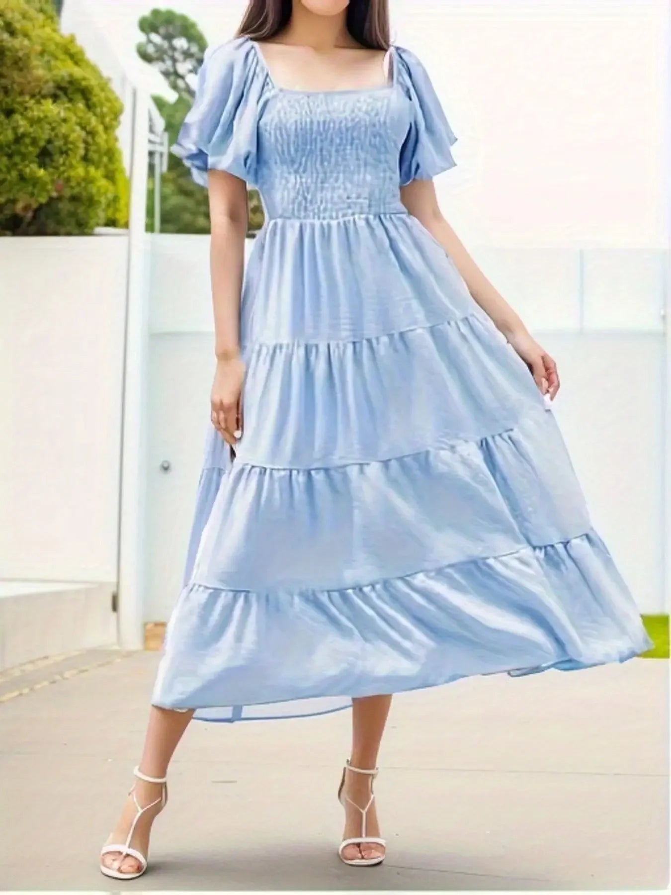 Dresses For Women  Streetwear Plus Size Square Neck Backless Puff Sleeve Pleated Short Sleeve Dress