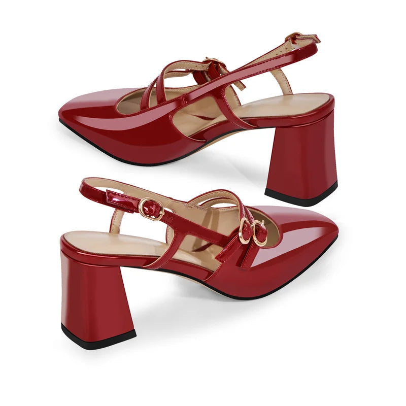 Women Square Toe Red Patent Leather Straps Chunky Heel Slingback Sandals Chunky Heel Sandals