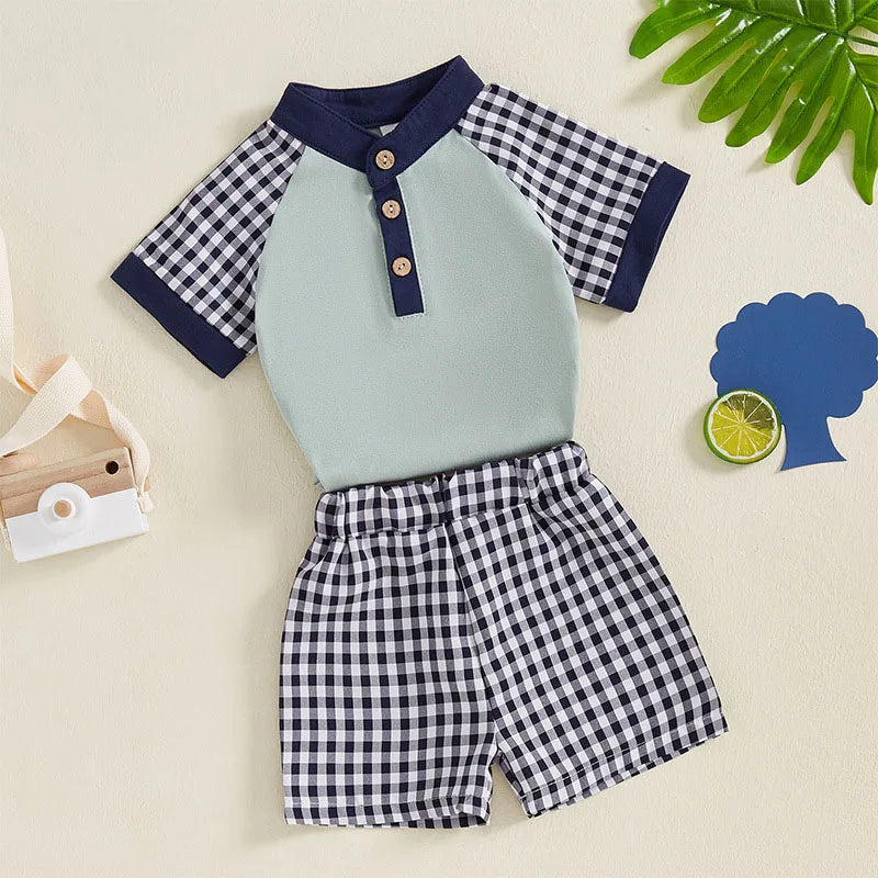 New Summer Kids Clothes Set Boys Girls Cute Patchwork Tops + Grid Short Children Casual Suit 2PCS 1-3Y Unisex