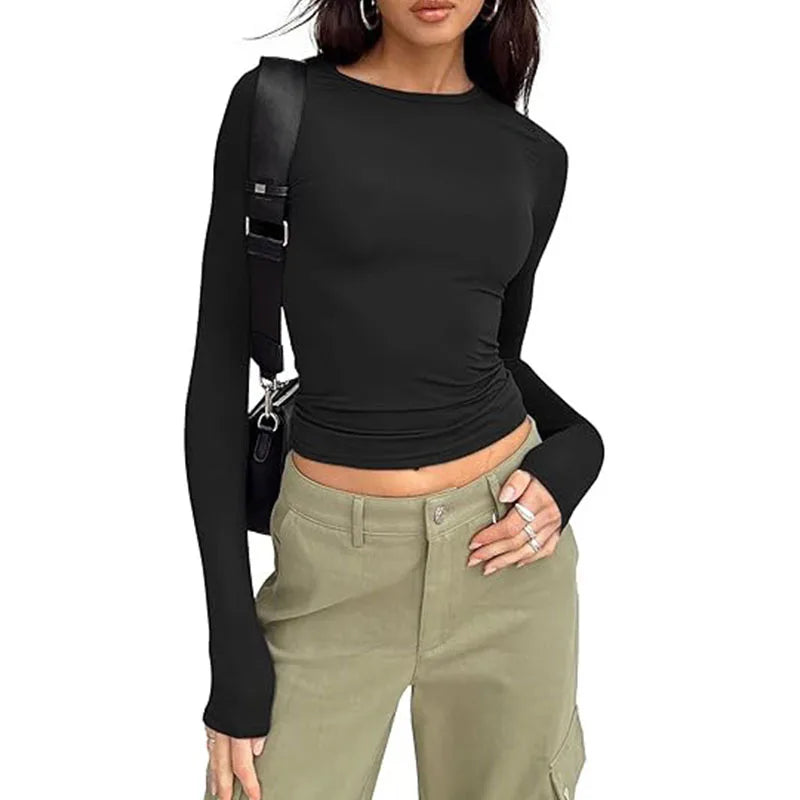 Fashion Senior Women's Long Sleeve Crew Neck Solid Slim Fit T-shirt Crop Top Ladies Daily Streetwear Casual Tee