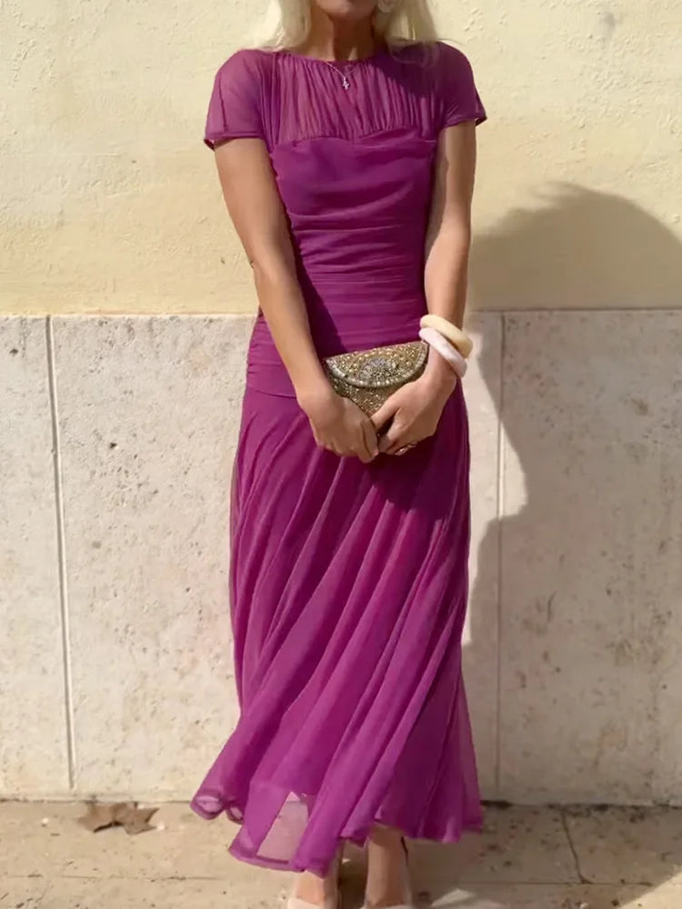 Women Summer Round Neck Loungewear Dress, See Through Solid Mesh Patchwork Elegant Maxi Dress, Short Sleeve Casual Ladies Dress