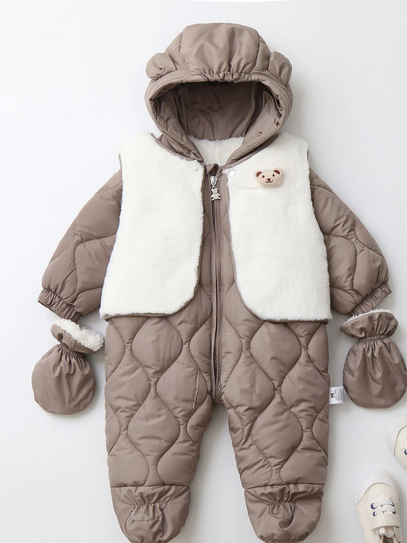 Baby's 2Pcs Winter Warm Clothes Thicken Fleece Rompers Jumpsuits Fur Lining Footie and Vest Snowsuit For Toddlers 0-2Y