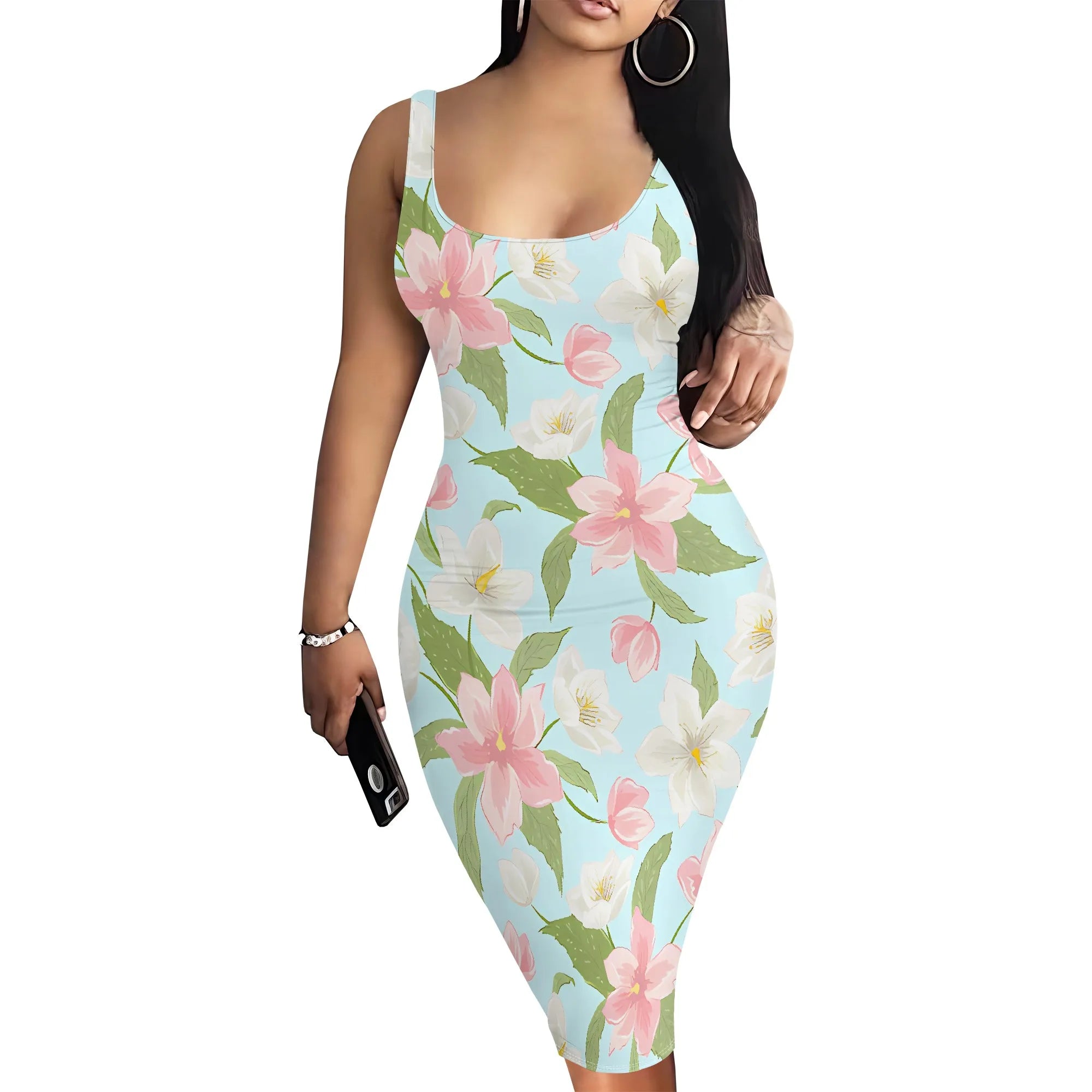 Elegant Floral Tank Midi Dress Women Sleeveless Irises Print Summer Slim Fit Bodycon Dress