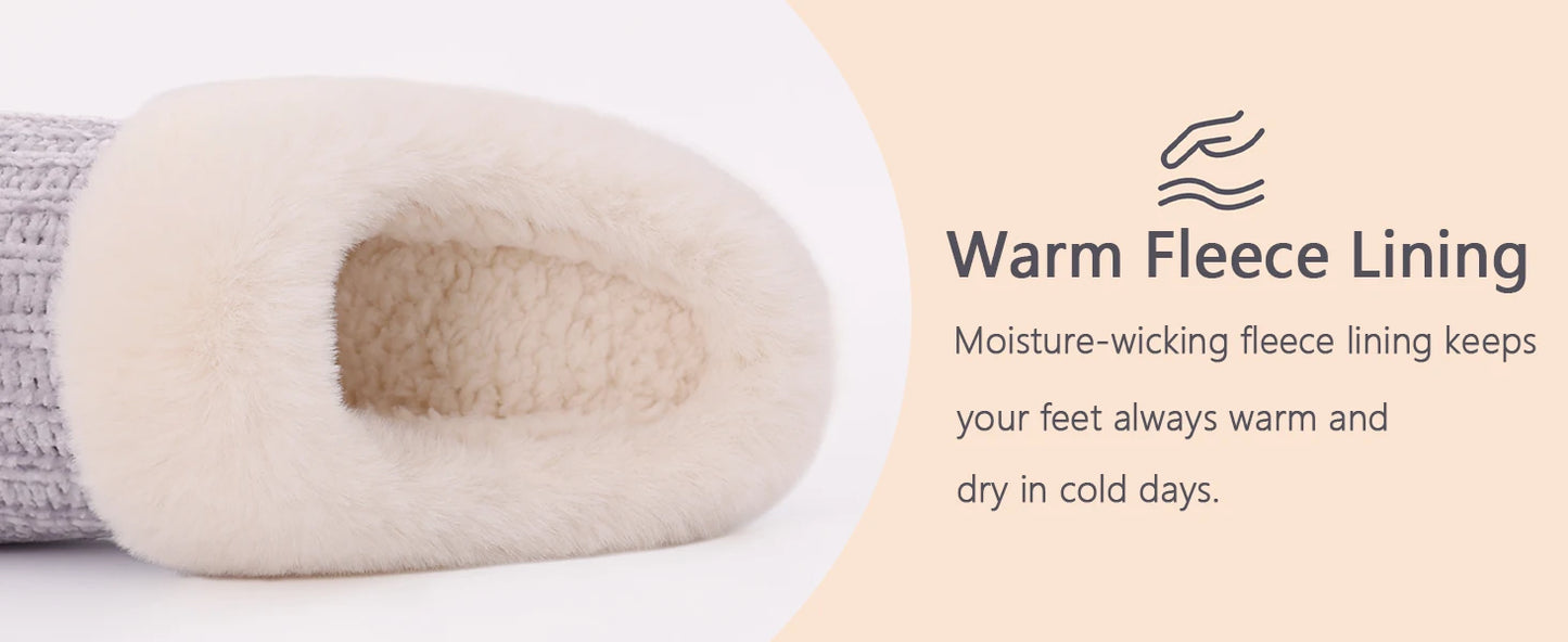 Women's Fleece Lined Warm House Cotton Slippers With Memory Foam and Non-Slip Cosy Fluffy Sole Plush Knit Slides Suitable For Bedroom Use