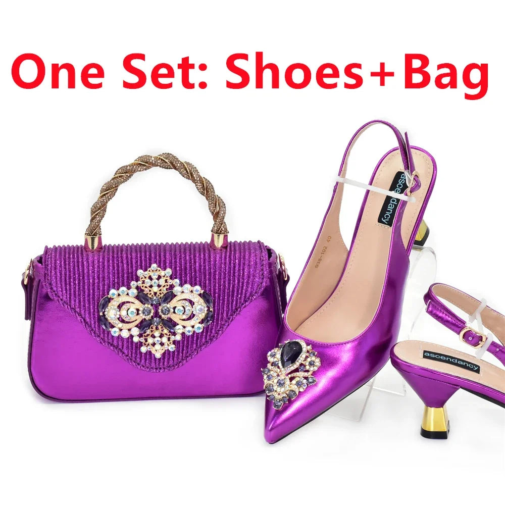 African Matching Shoes and Bags Set Decorated with Rhinestone for Ladies' Party