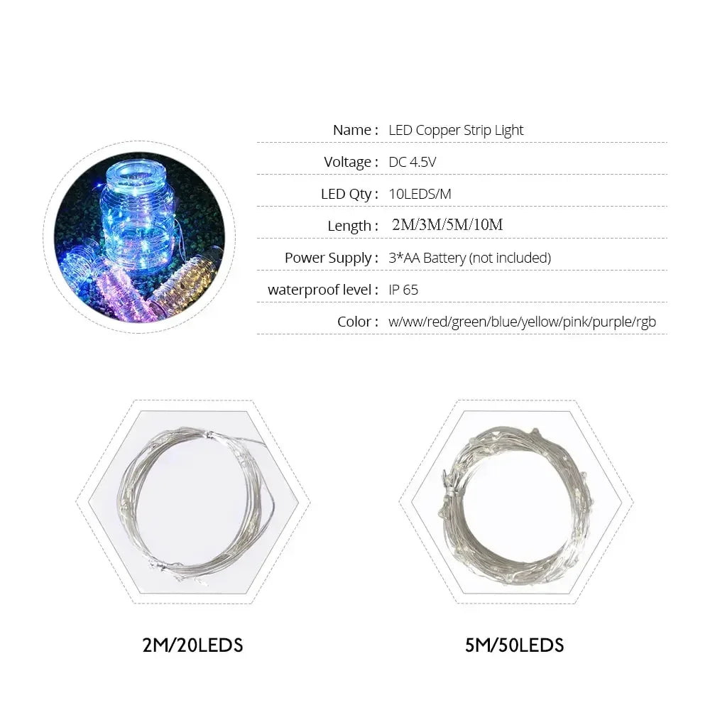 2M 5M 10M LED-lichtsnoer op batterijen, koperdraad, slingerverlichting, buiten, tuin, bruiloft, feest, kerstboomdecoratie