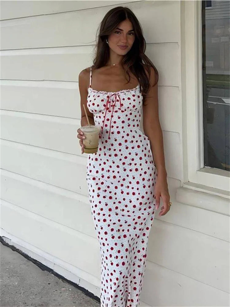 Rose Print Dress Women Square Collar Sleeveless Irregular Sweet Girl Street Fashion Birthday Party Trend Long Bodycon