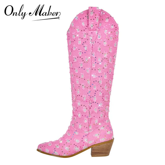 Women Pointed Toe Knee High Boots Western Boots Wide Calf Embroidered Canvas Block Heel Pull-On Cowgirl Booties