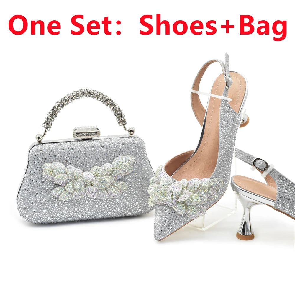 Women High Heel Pointed-Toe Italian Shoes and Bags Matching Set for Ladies Decorated With Rhinestone and Paired with Handmade Petal