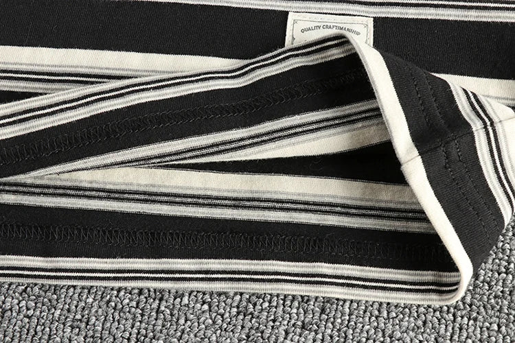 2024 Summer New American Retro 240g Short Sleeve O-neck Striped T-shirt Men's Simple 100% Cotton Washed Heavyweight Casual Tops