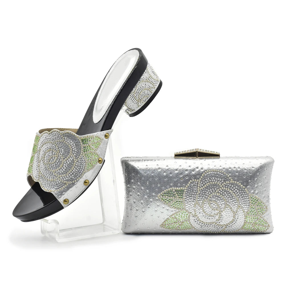 Women's Italian Shoes with Matching Bags Set Decorated with Rhinestone Open Toe Ladies' Slippers Shoes