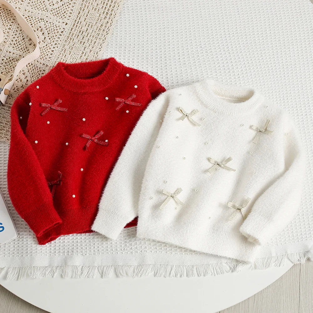 New Autumn Baby Knitwear Cute Girls Bow Bead Children's Sweater Thin Kids Clothes 9M-5T Girls