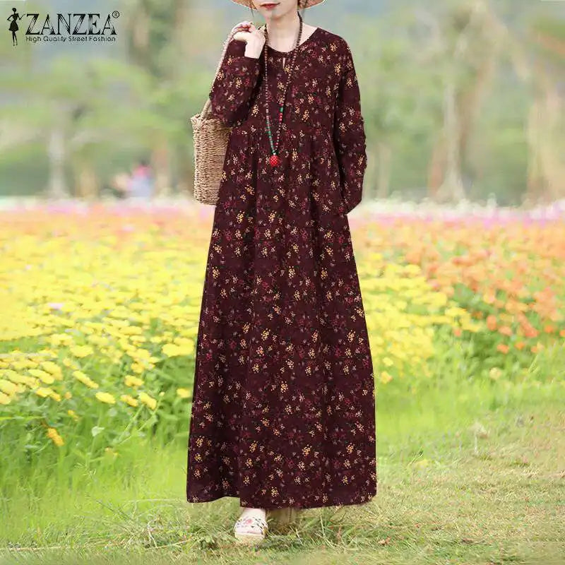 Floral Print Long Sleeve Maxi Dress Women Casual Loose Elegant Vintage Long Robes Holiday O neck High Waist Vestidos