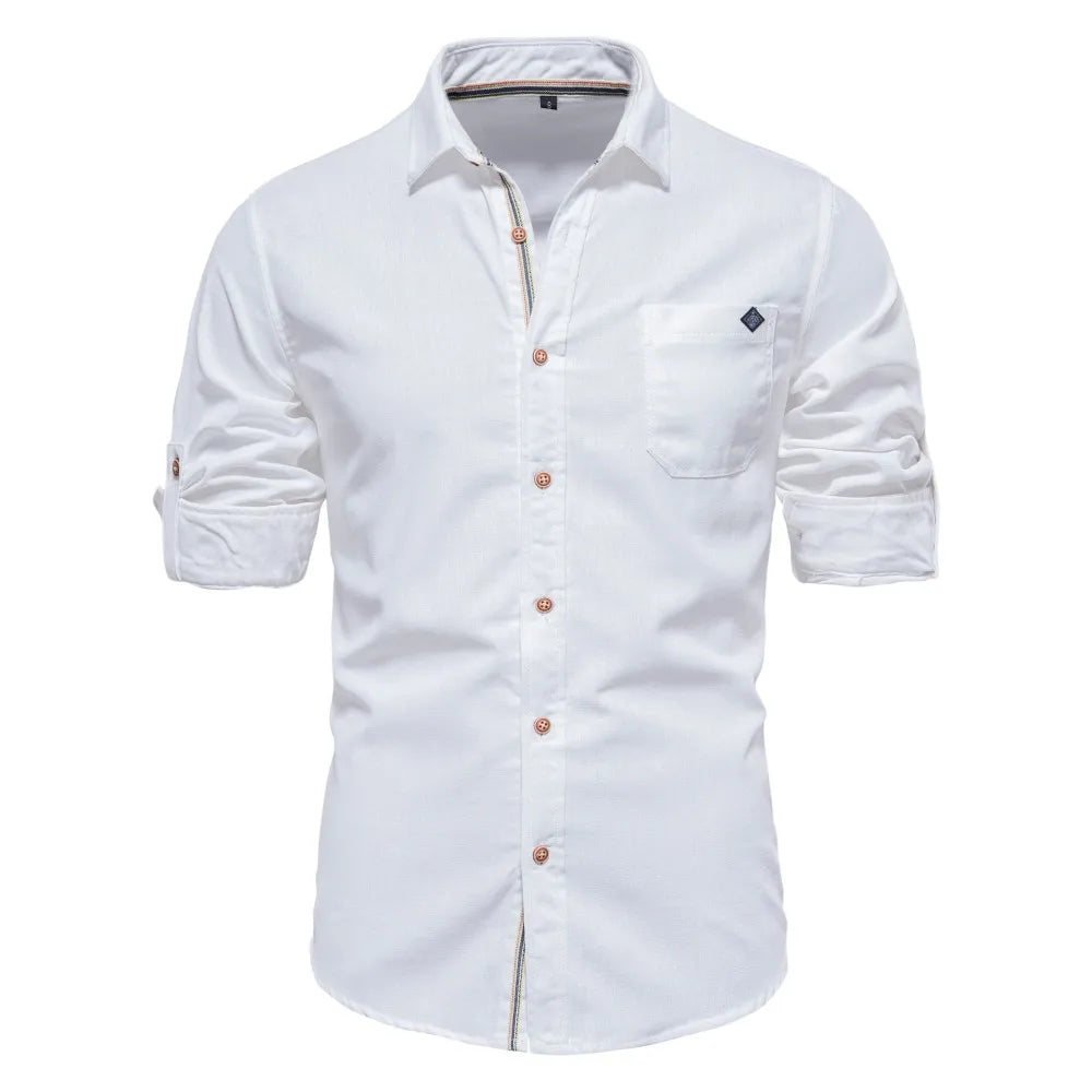 Men's 100% Cotton Social Spring Shirts Single Pocket Solid Colour Long Sleeve Shirts Turn-down Collar For Men