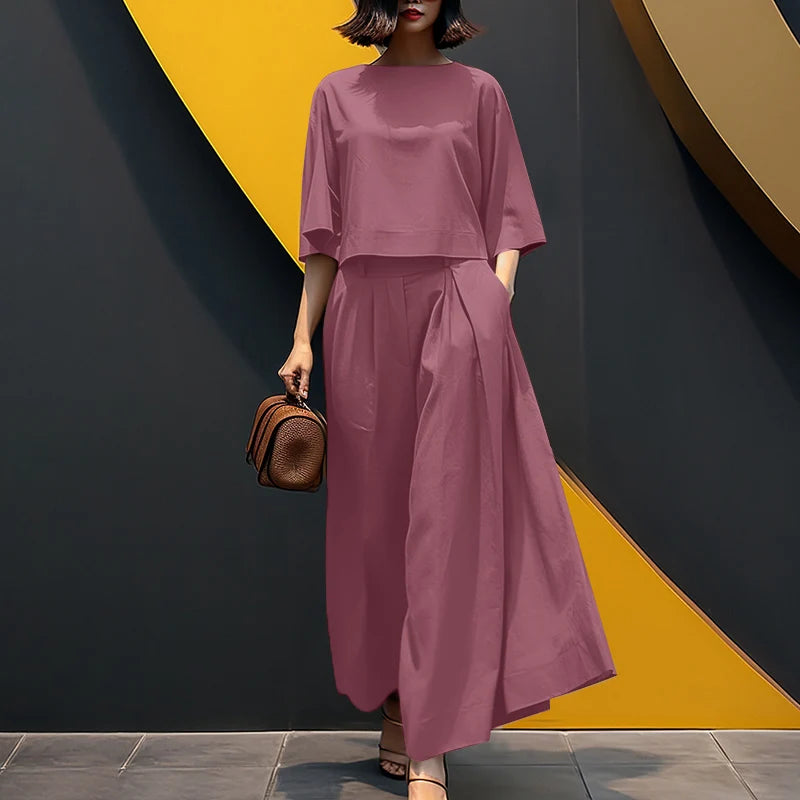 Women Causal 2PCS Pant Sets Loose 3/4 Sleeve Tops Wide Leg Pants 2-Pieces Outfits Solid Colour Fashion Commute Tracksuits