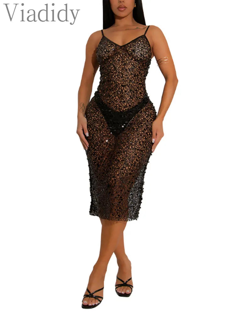 Women's Sexy See Through Sheer Mesh Sleeveless Spaghetti Strap Sequin Decor V Neck Dress with Briefs