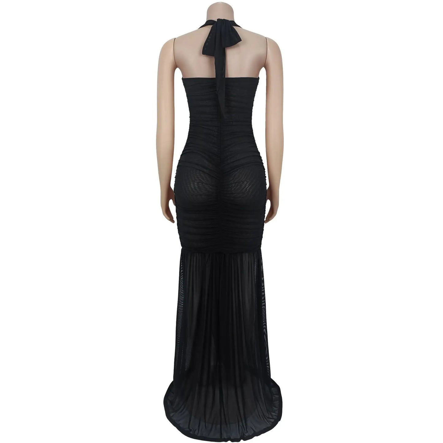 Women's Sexy Summer See Through Sheer Mesh Slit Solid Color Halter Dress Ruched Mermaid Pleated Mermaid Party Dress