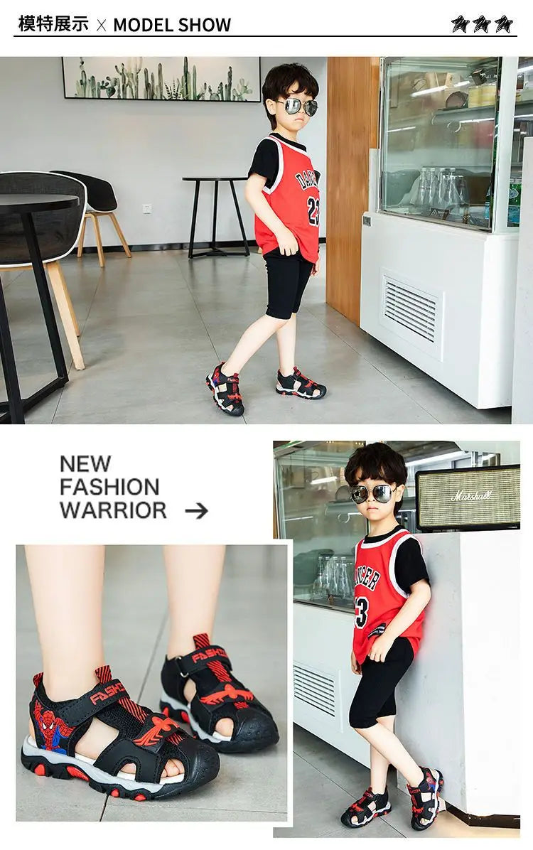 Children Sandals Male Summer Sandals Student Open Peep Toe Cartoon Beach Anti slip Soft Sole Black Blue Shoes Size 26-35