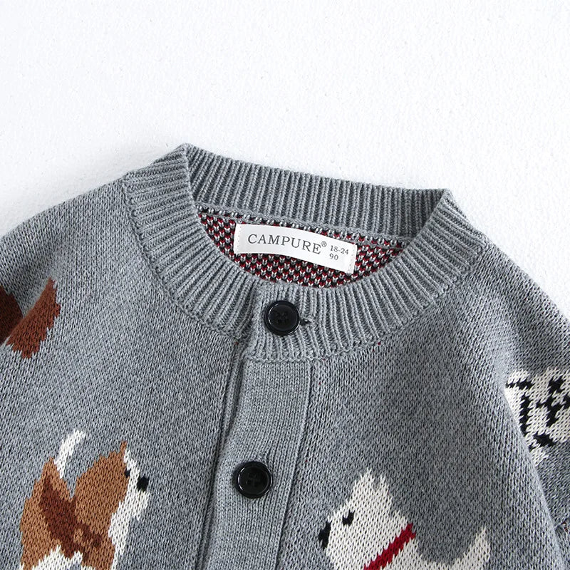 Spring Children's Sweater Jacket Jacquard Cute Dog Boys Single Breasted Buckle Cardigan Top Girls Knitted Sweater 1-8Y Unisex